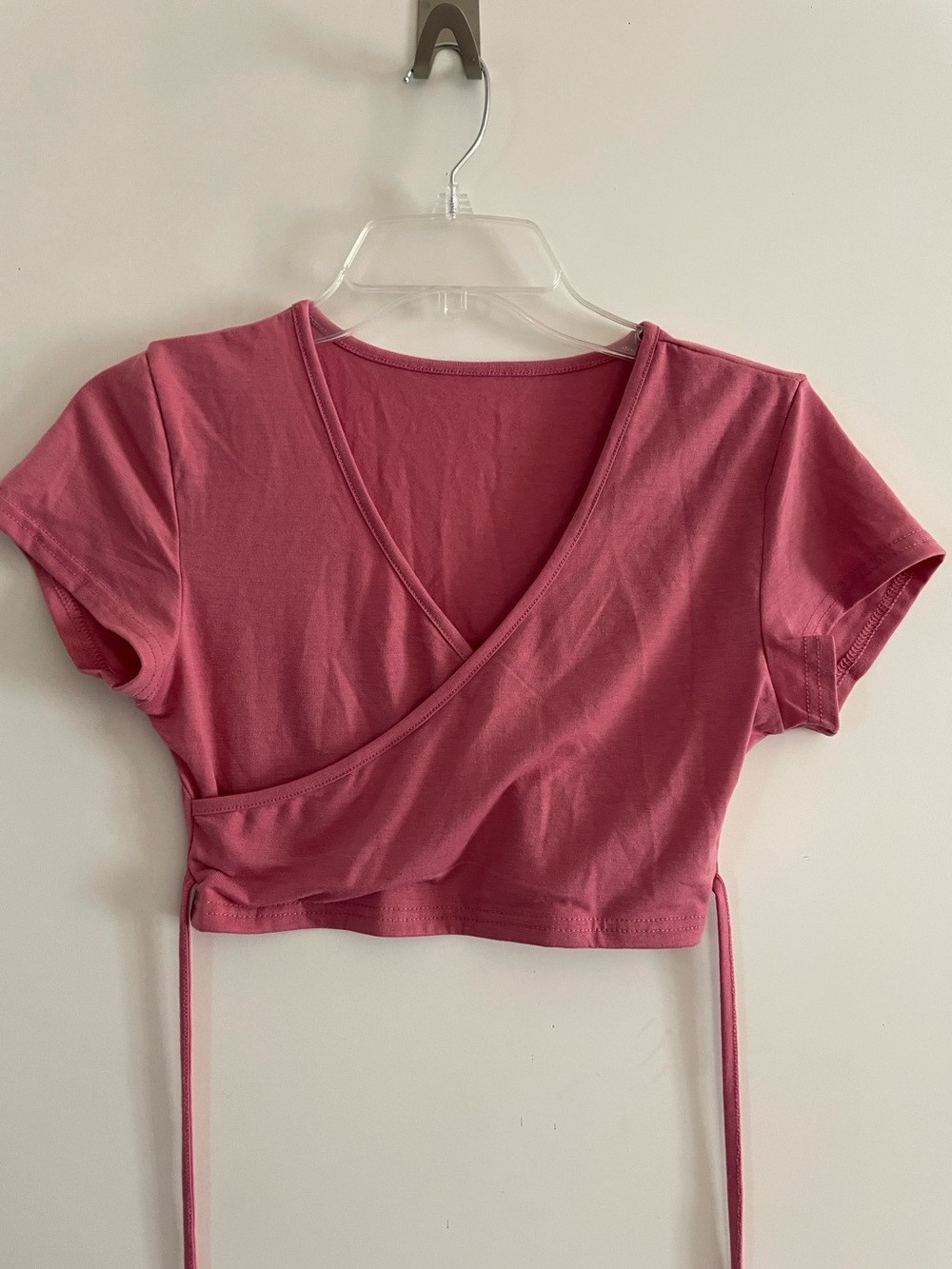Cropped T Shirt Short Sleeve Wear 2 ways V or Crew Wrapped Tie Waist Rose Pink